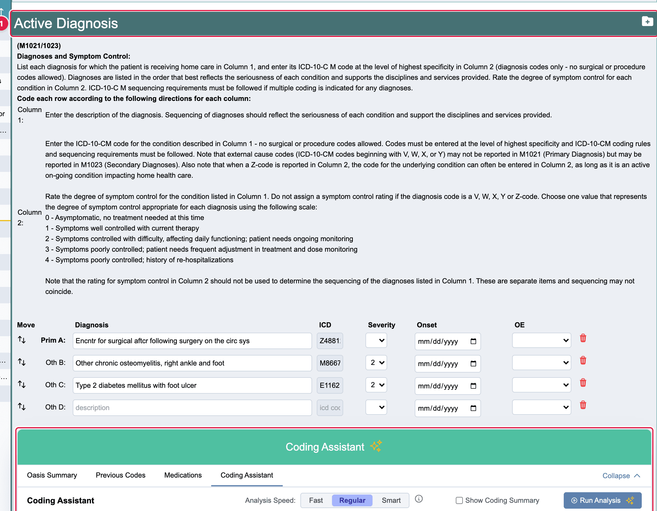 The Active Diagnosis page with the diagnosis table and the Coding Assistant under it
