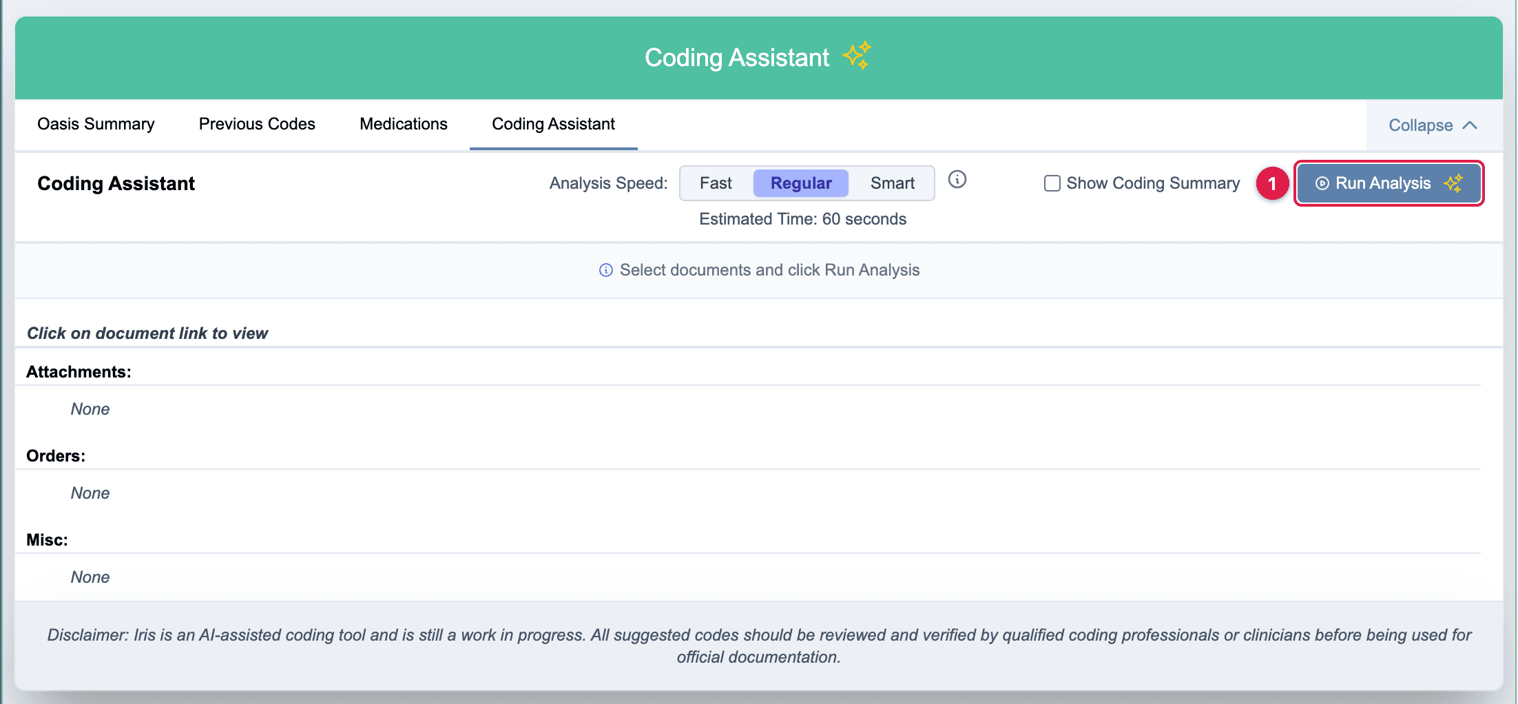 The Coding Assistant panel with the Run Analysis button marked