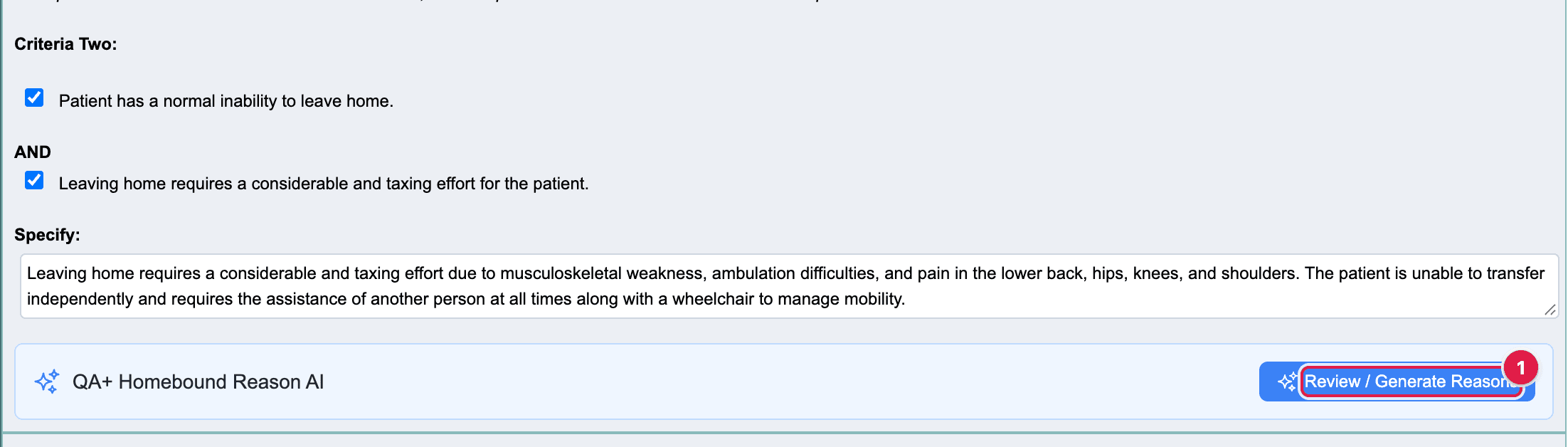 The QA+ Homebound Reason AI card under the Specify field on the Patient History and Prognosis page