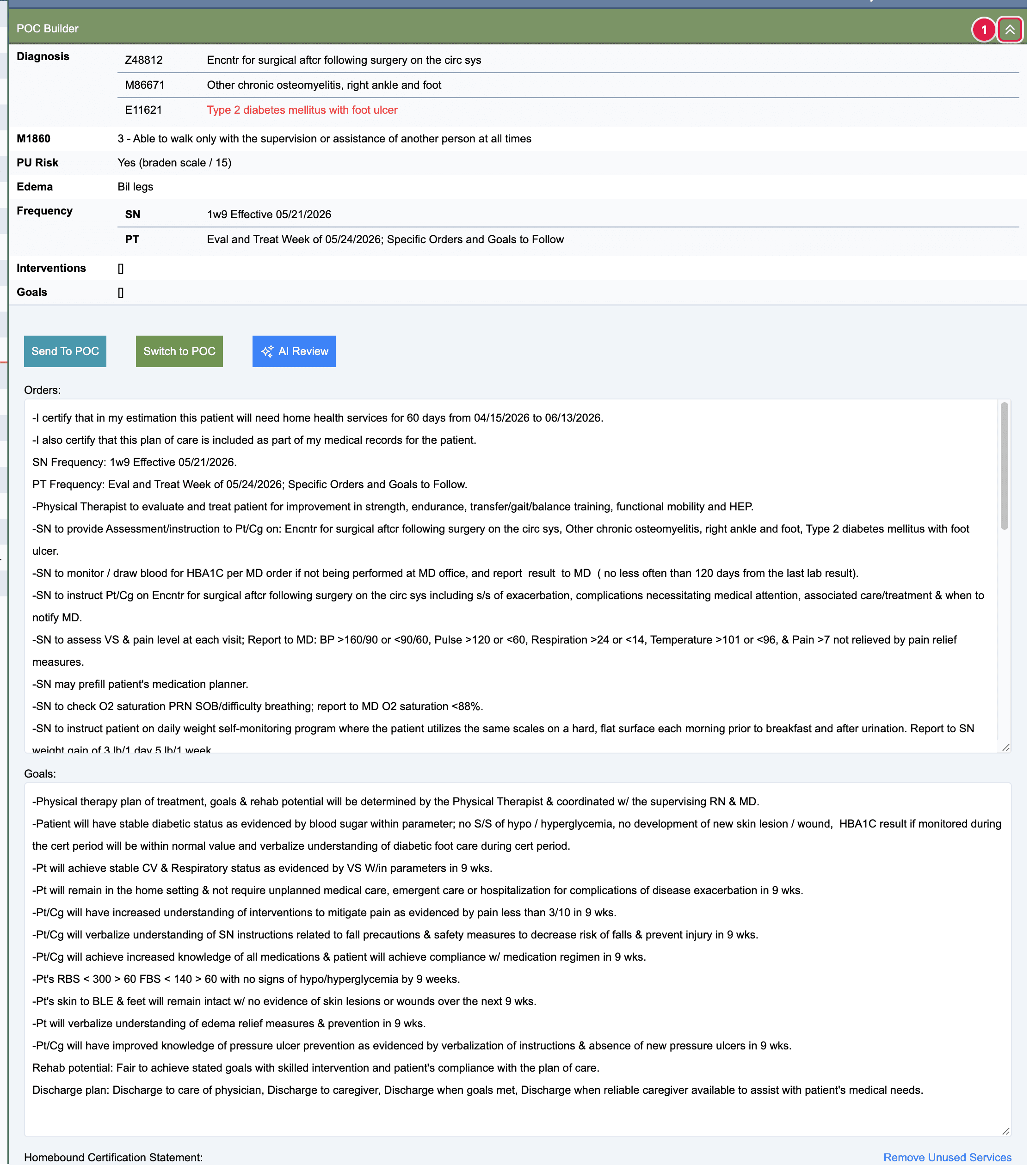 The POC Builder open, with the summary, the buttons, and the Orders and Goals boxes