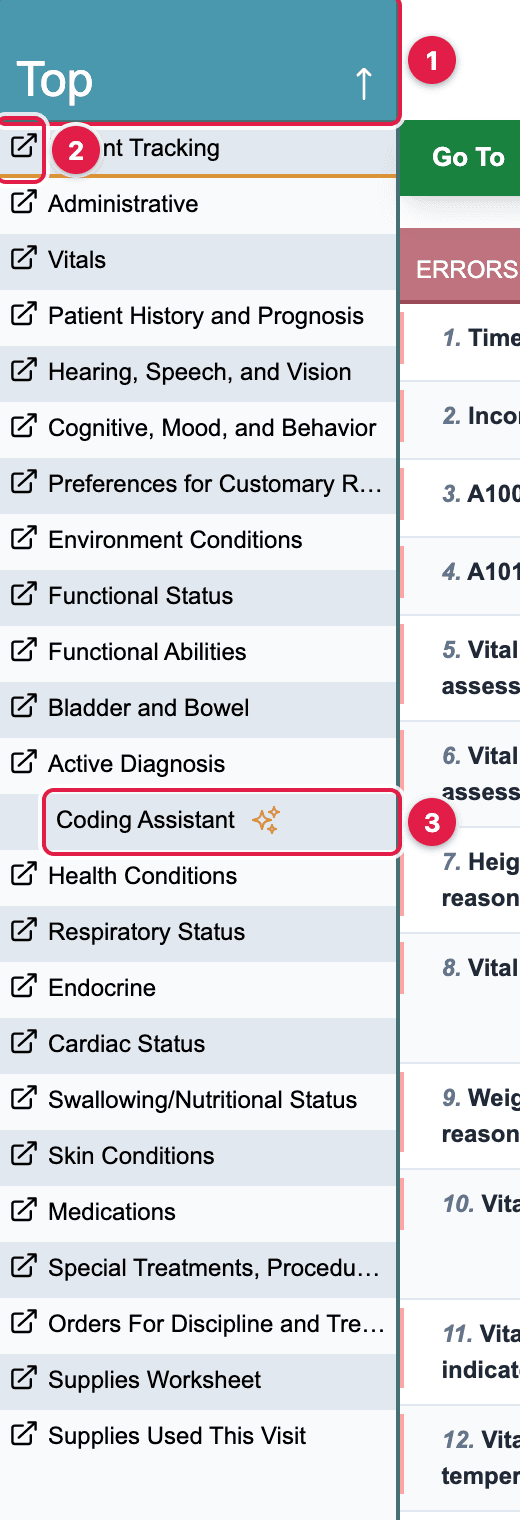 The page list with the Top button, the arrow icon, and Coding Assistant numbered
