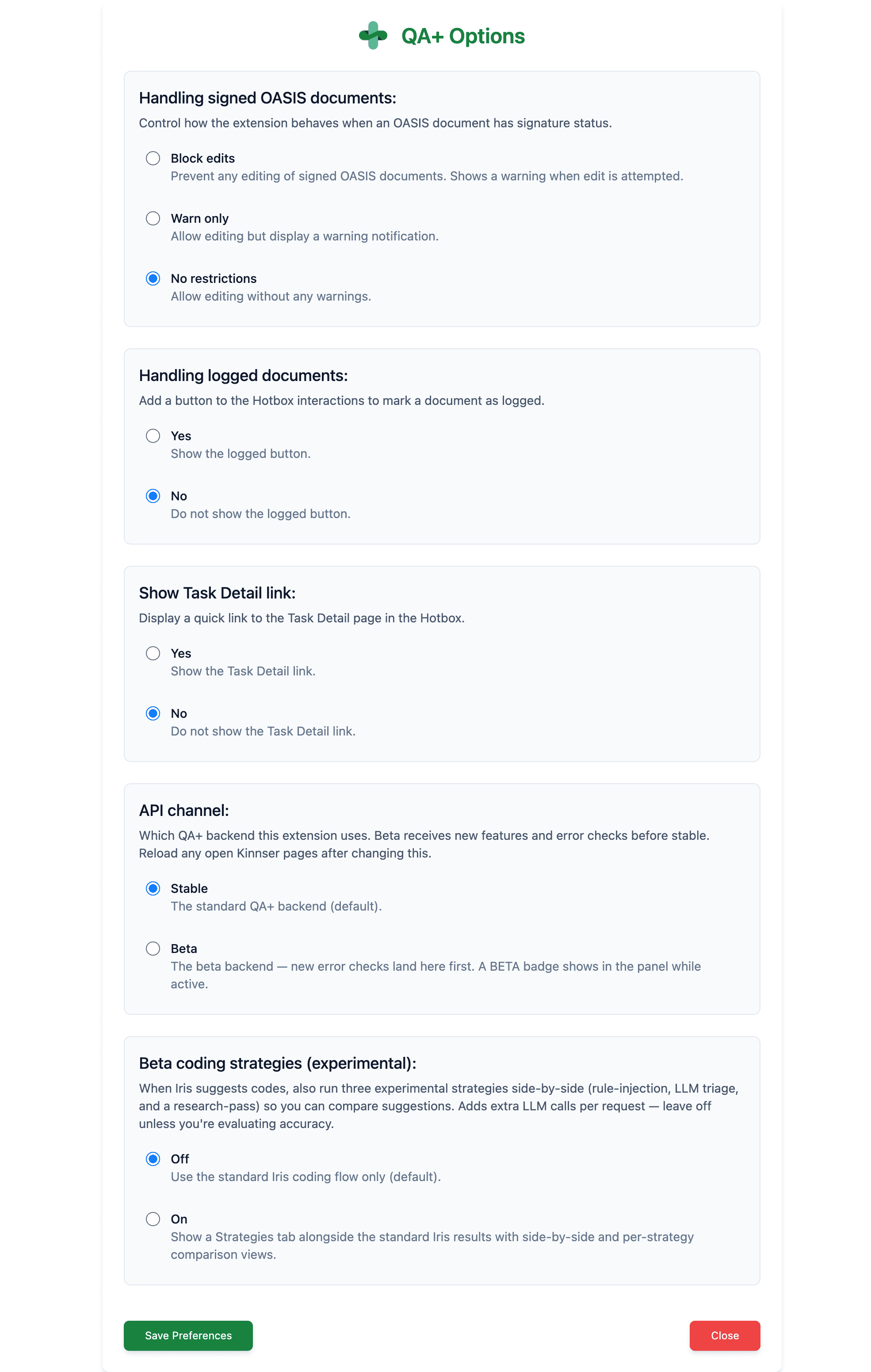 The QA+ Options page with all of its settings