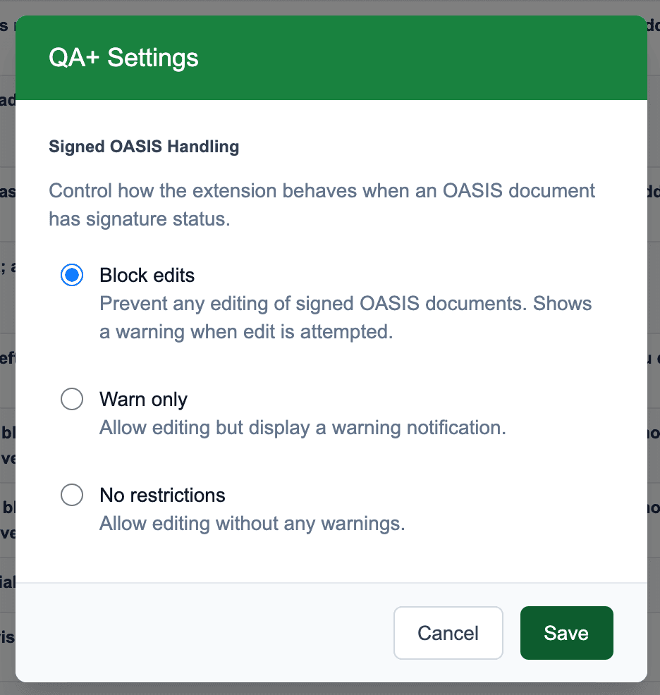 The QA+ Settings window on the QA+ Review page